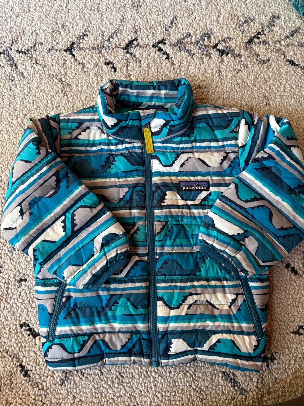 Patagonia Kids Teal, Blue & Gray Striped Puffer Jacket 2T